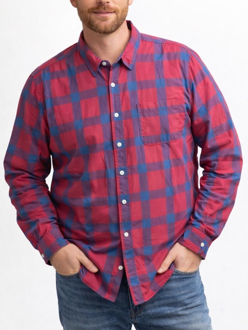 Roebuck & Co Men’s XXL Red Blue Plaid Button Down Shirt Western Preppy Casual